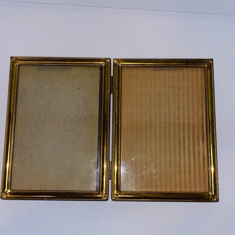 Vintage Double Folding Picture Frame Gold Tone Metal Etched 5x7 Burgundy Velvet